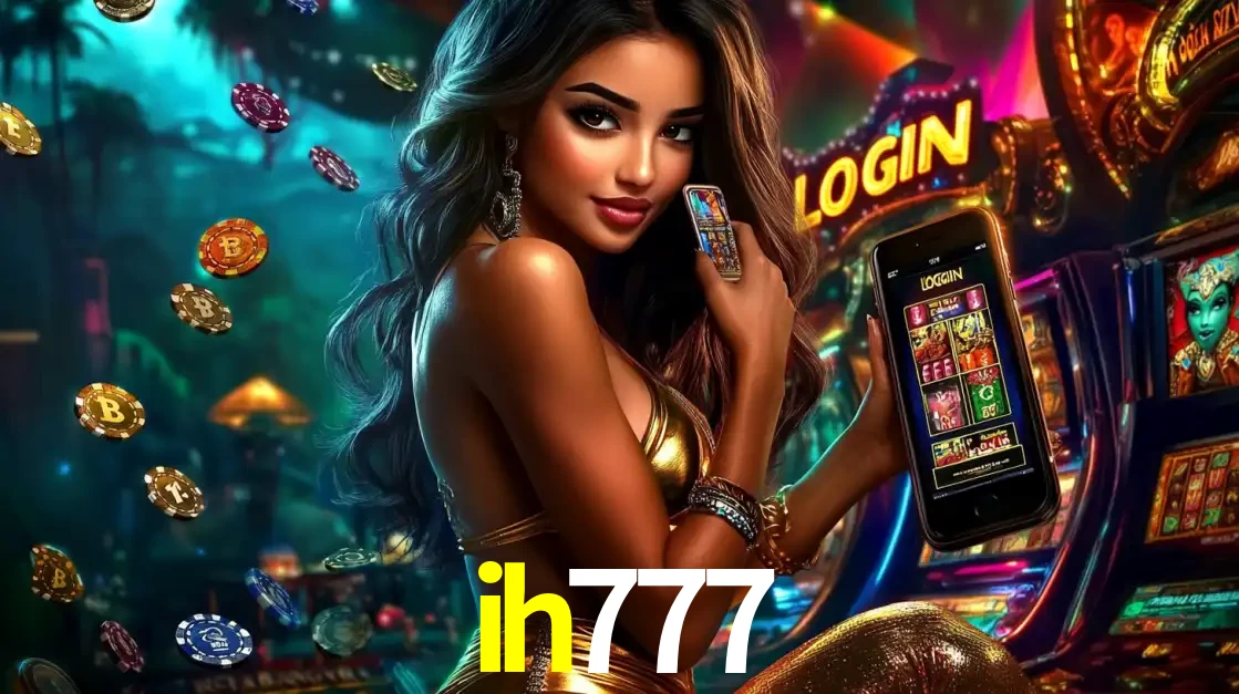 Mulher em um cenário de cassino temático de aventura, mostrando o app de caça-níqueis da ih777 no celular. Fichas de apostas flutuam ao redor.