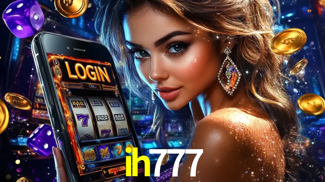 Mulher glamorosa segurando um smartphone com a tela de login para os jogos de caça-níqueis do cassino online ih777, com moedas de ouro e dados ao redor.