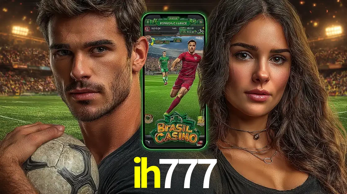 Homem segurando uma bola de futebol e uma mulher ao lado de um smartphone exibindo o jogo de apostas esportivas da ih777. Faça seu palpite no cassino online.
